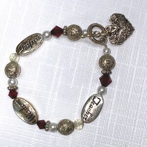 Teacher Inspire Wisdom Heart‎ Charm Toggle Bracelet Silver Tone Beads Red Gems